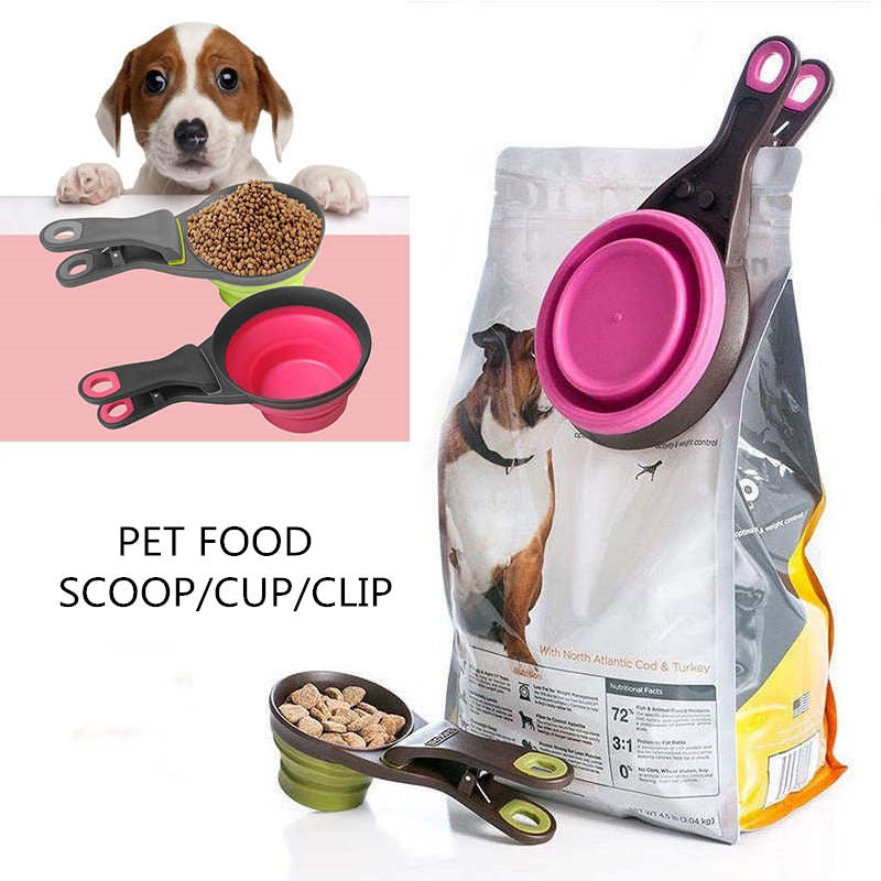 Pet Food Scoop 3 in 1 Multi-Function Scoop Bowls Bag Clip for Dog Cat - Hiphoppet